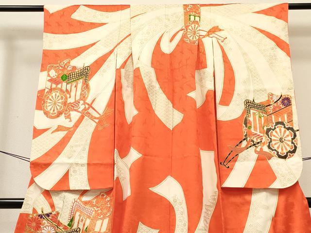 平和屋着物[]七五三　女の子　７歳　祝着　四つ身　駒刺繍　束ね熨斗御所車花文　金彩　逸品　DABC5198ma