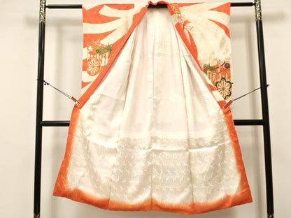 平和屋着物[]七五三 女の子 ７歳 祝着 四つ身 駒刺繍 束ね熨斗御所車花文 金彩 逸品 DABC5198ma