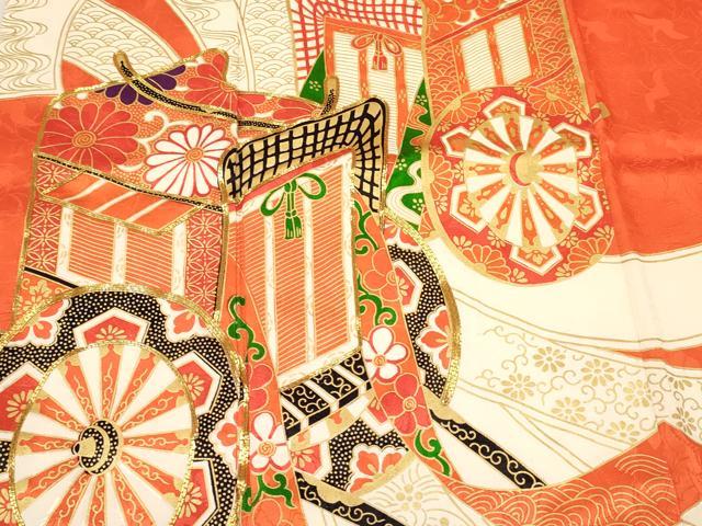 平和屋着物[]七五三　女の子　７歳　祝着　四つ身　駒刺繍　束ね熨斗御所車花文　金彩　逸品　DABC5198ma
