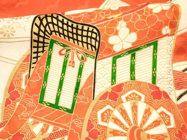 平和屋着物[]七五三　女の子　７歳　祝着　四つ身　駒刺繍　束ね熨斗御所車花文　金彩　逸品　DABC5198ma