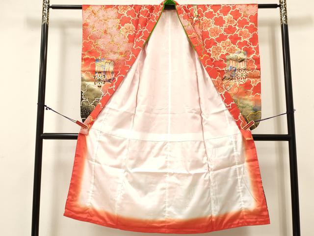 平和屋着物[]七五三　女の子　７歳　祝着　四つ身　御所車花文　暈し染め　金彩　逸品　DABC5199ma