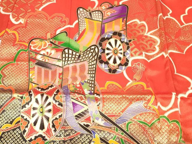 平和屋着物[]七五三　女の子　７歳　祝着　四つ身　御所車花文　暈し染め　金彩　逸品　DABC5199ma