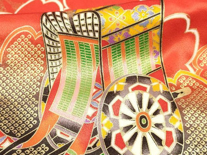 平和屋着物[]七五三　女の子　７歳　祝着　四つ身　御所車花文　暈し染め　金彩　逸品　DABC5199ma