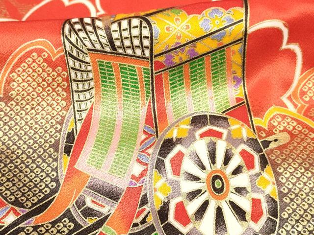 平和屋着物[]七五三　女の子　７歳　祝着　四つ身　御所車花文　暈し染め　金彩　逸品　DABC5199ma