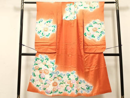 平和屋着物[]七五三　女の子　７歳　祝着　四つ身　牡丹花文　暈し染め　金彩　逸品　DABC5201ma