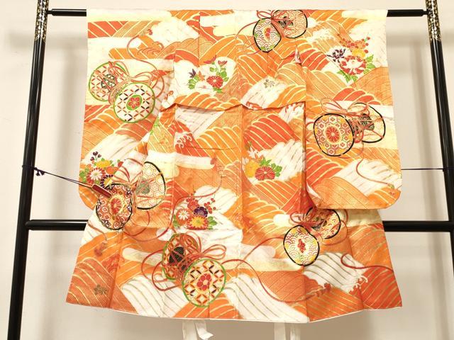 平和屋着物[]七五三　女の子　７歳　祝着　四つ身　襦袢付き　駒刺繍　鼓花文　金彩　逸品　DABC5203ma