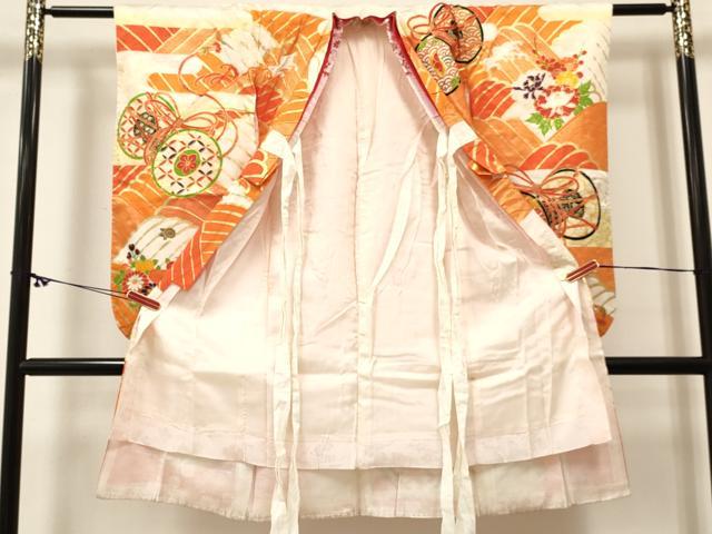 平和屋着物[]七五三　女の子　７歳　祝着　四つ身　襦袢付き　駒刺繍　鼓花文　金彩　逸品　DABC5203ma