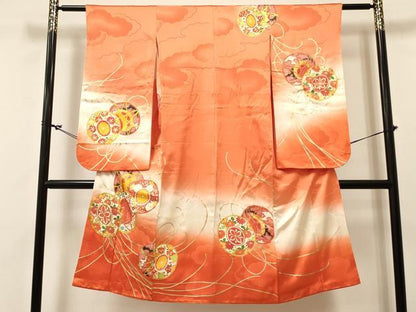 平和屋着物[]七五三　女の子　７歳　祝着　四つ身　駒刺繍　鼓花文　暈し染め　金彩　逸品　DABC5207ma