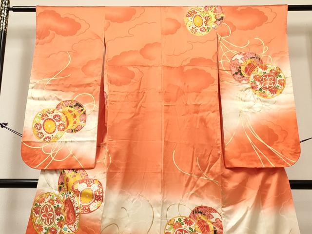 平和屋着物[]七五三　女の子　７歳　祝着　四つ身　駒刺繍　鼓花文　暈し染め　金彩　逸品　DABC5207ma