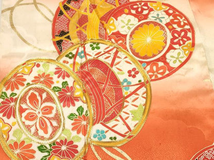 平和屋着物[]七五三　女の子　７歳　祝着　四つ身　駒刺繍　鼓花文　暈し染め　金彩　逸品　DABC5207ma