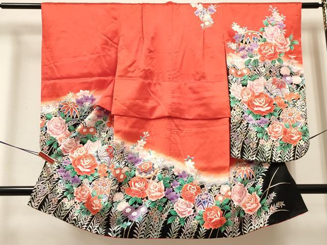 平和屋着物[]七五三　女の子　３歳　祝着　三つ身　鞠花文　暈し染め　金彩　逸品　DABC5209ma