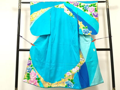 平和屋着物[]本手描友禅作家　秋山章　七五三　女の子　７歳　祝着　四つ身　襦袢付き　薔薇　バラ　金彩　逸品　DABC5213ma