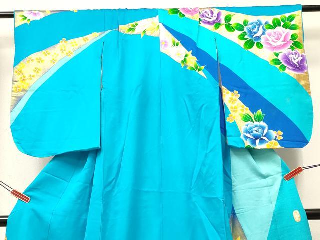 平和屋着物[]本手描友禅作家　秋山章　七五三　女の子　７歳　祝着　四つ身　襦袢付き　薔薇　バラ　金彩　逸品　DABC5213ma
