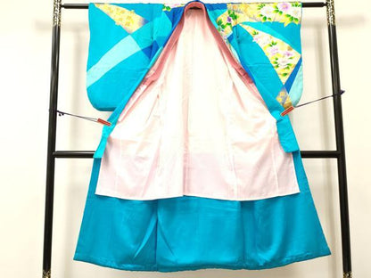 平和屋着物[]本手描友禅作家　秋山章　七五三　女の子　７歳　祝着　四つ身　襦袢付き　薔薇　バラ　金彩　逸品　DABC5213ma