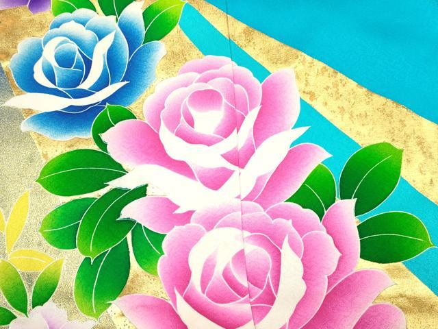 平和屋着物[]本手描友禅作家　秋山章　七五三　女の子　７歳　祝着　四つ身　襦袢付き　薔薇　バラ　金彩　逸品　DABC5213ma