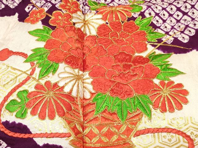 平和屋着物[]七五三　女の子　７歳　祝着　四つ身　駒刺繍　絞り　陶器花文　金彩　逸品　DABC5217ma
