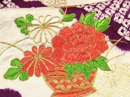 平和屋着物[]七五三　女の子　７歳　祝着　四つ身　駒刺繍　絞り　陶器花文　金彩　逸品　DABC5217ma