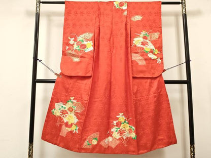 平和屋着物∵女の子　十三参り　子供　祝着　駒刺繍　絞り　扇面花文　金彩　逸品　DABC5221ma