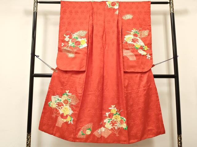 平和屋着物∵女の子　十三参り　子供　祝着　駒刺繍　絞り　扇面花文　金彩　逸品　DABC5221ma