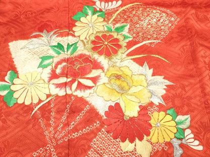 平和屋着物∵女の子　十三参り　子供　祝着　駒刺繍　絞り　扇面花文　金彩　逸品　DABC5221ma