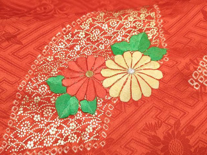平和屋着物∵女の子　十三参り　子供　祝着　駒刺繍　絞り　扇面花文　金彩　逸品　DABC5221ma
