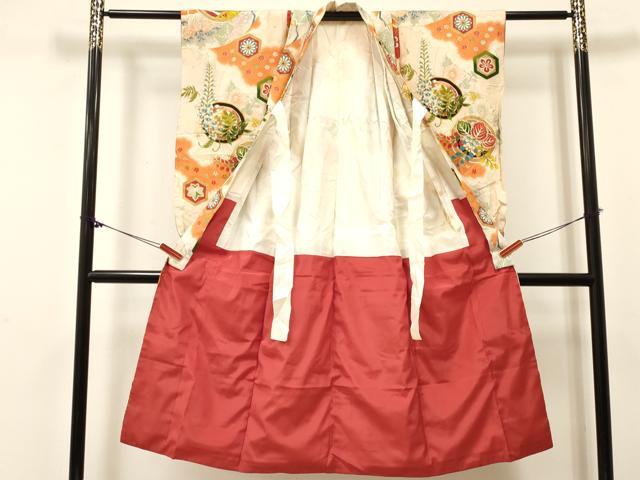 平和屋着物[]アンティーク　大正ロマン　七五三　女の子　７歳　祝着　四つ身　扇面花丸文　金彩　DABC5224ma