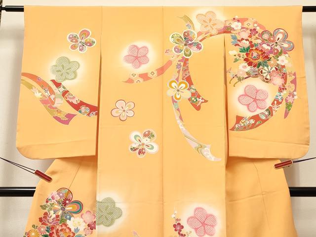 平和屋着物[]七五三　女の子　７歳　祝着　四つ身　束ね熨斗花車文　暈し染め　金銀彩　逸品　DABC5226ma