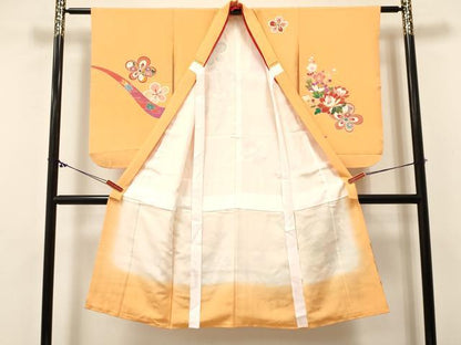 平和屋着物[]七五三　女の子　７歳　祝着　四つ身　束ね熨斗花車文　暈し染め　金銀彩　逸品　DABC5226ma