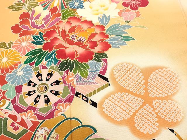 平和屋着物[]七五三　女の子　７歳　祝着　四つ身　束ね熨斗花車文　暈し染め　金銀彩　逸品　DABC5226ma