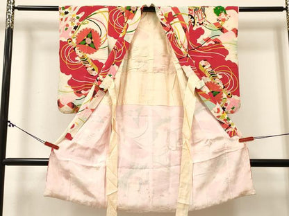 平和屋着物[]アンティーク　大正ロマン　七五三　女の子　３歳　祝着　三つ身　檜扇御所車花文　金彩　逸品　DABC5228ma