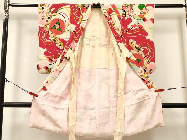 平和屋着物[]アンティーク　大正ロマン　七五三　女の子　３歳　祝着　三つ身　檜扇御所車花文　金彩　逸品　DABC5228ma