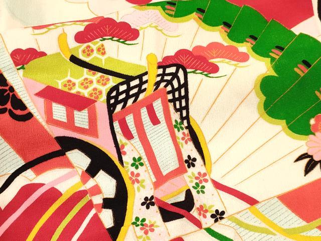 平和屋着物[]アンティーク　大正ロマン　七五三　女の子　３歳　祝着　三つ身　檜扇御所車花文　金彩　逸品　DABC5228ma