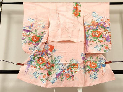 平和屋着物[]七五三　女の子　３歳　祝着　三つ身　地紙重ね花鳥文　金彩　逸品　DABC5229ma