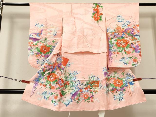 平和屋着物[]七五三　女の子　３歳　祝着　三つ身　地紙重ね花鳥文　金彩　逸品　DABC5229ma