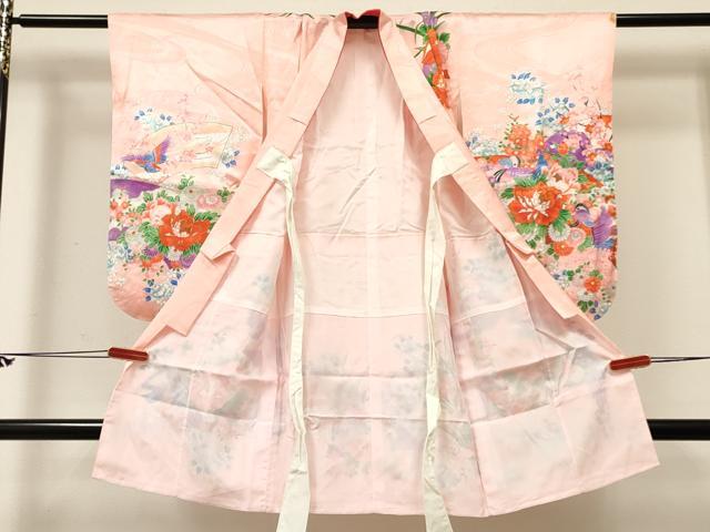 平和屋着物[]七五三　女の子　３歳　祝着　三つ身　地紙重ね花鳥文　金彩　逸品　DABC5229ma