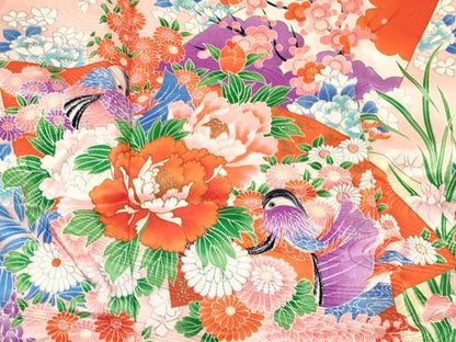 平和屋着物[]七五三　女の子　３歳　祝着　三つ身　地紙重ね花鳥文　金彩　逸品　DABC5229ma