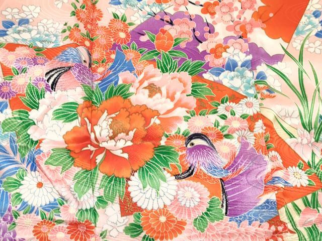 平和屋着物[]七五三　女の子　３歳　祝着　三つ身　地紙重ね花鳥文　金彩　逸品　DABC5229ma