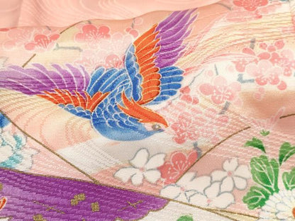 平和屋着物[]七五三 女の子 ３歳 祝着 三つ身 地紙重ね花鳥文 金彩 逸品 DABC5229ma