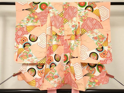 平和屋着物[]七五三　女の子　３歳　祝着　三つ身　扇面飛鶴花文　金彩　逸品　DABC5231ma