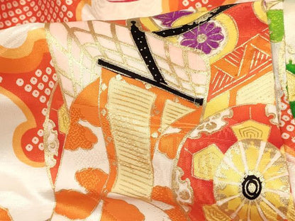 平和屋着物[]七五三　女の子　３歳　祝着　三つ身　駒刺繍　雪芝御所車花文　金彩　逸品　DABC5233ma