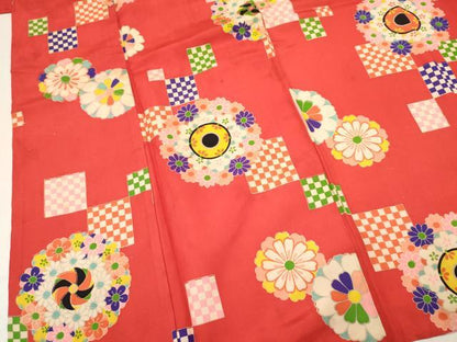 平和屋着物[]アンティーク　大正ロマン　七五三　女の子　７歳　祝着　四つ身　草花文　逸品　DABC5234ma