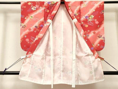 平和屋着物[]七五三　女の子　３歳　祝着　三つ身　草花文　暈し染め　金彩　洗える着物　DABC5235ma