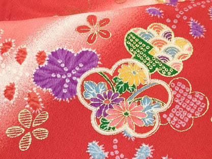 平和屋着物[]七五三　女の子　３歳　祝着　三つ身　草花文　暈し染め　金彩　洗える着物　DABC5235ma