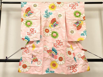 平和屋着物[]七五三　女の子　３歳　祝着　三つ身　芝花蝶文　金銀彩　逸品　DABC5237ma