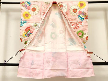平和屋着物[]七五三　女の子　３歳　祝着　三つ身　芝花蝶文　金銀彩　逸品　DABC5237ma
