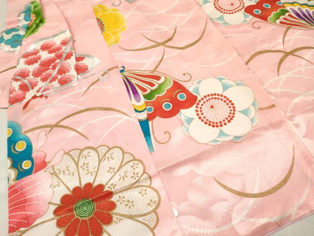 平和屋着物[]七五三　女の子　３歳　祝着　三つ身　芝花蝶文　金銀彩　逸品　DABC5237ma