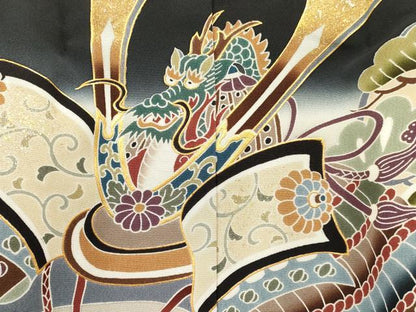 平和屋着物[]七五三　男の子　子供　羽織　龍　兜　笹松文　暈し染め　金銀彩　逸品　DABC5243ma