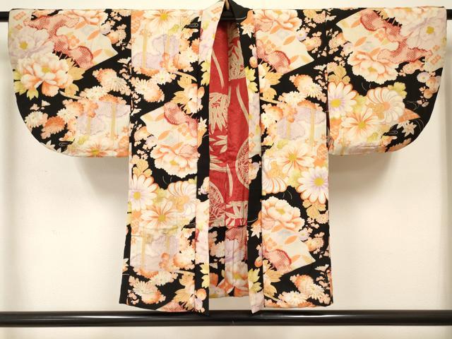 平和屋着物[]アンティーク　大正ロマン　七五三　女の子　子供　３歳　羽織　草花文　黒地　逸品　DABC5244ma