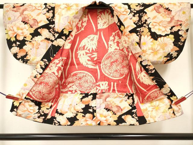 平和屋着物[]アンティーク　大正ロマン　七五三　女の子　子供　３歳　羽織　草花文　黒地　逸品　DABC5244ma