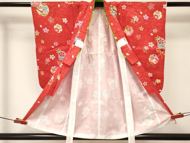 平和屋着物[]七五三　女の子　３歳　祝着　三つ身　長襦袢(単衣・半衿刺繍)・被布セット　雪輪鞠花文　金彩　逸品　DABC5265ma